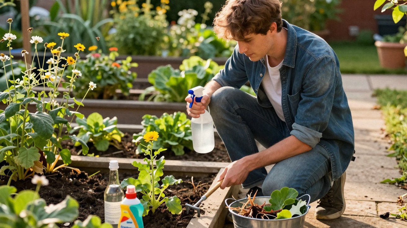 Junger Mann hält Sprühflasche und hackt im Garten zwischen blühenden Blumen und Gemüsebeeten.