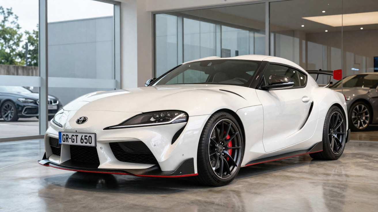Weißer Toyota Supra Sportwagen mit schwarzen Felgen und rotem Akzent in moderner Autoausstellung.