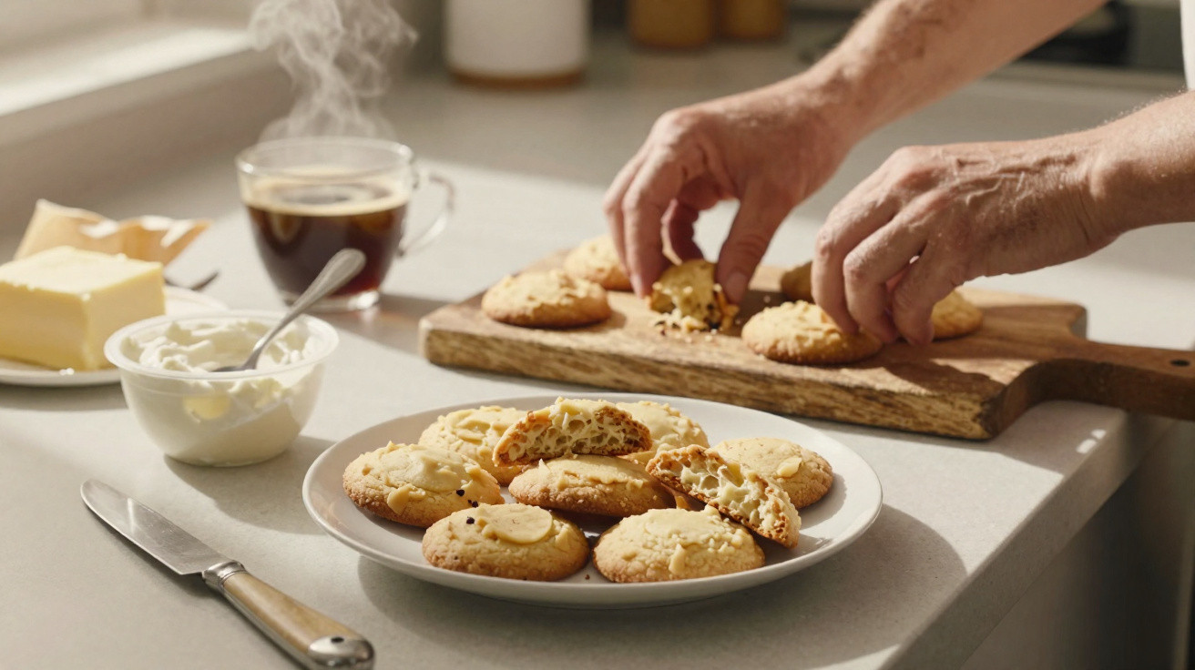 Hände legen frisch gebackene Kekse auf ein Holzbrett, Teller mit Keksen, Butter, Sahne und dampfender Kaffee.