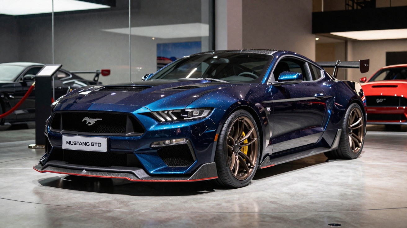 Blauer Ford Mustang GTD Sportwagen mit großen Felgen und Heckspoiler in einer Ausstellungshalle.