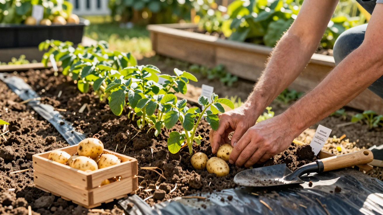 Mann erntet Kartoffeln in einem Hochbeet, geschlossene Holzkiste mit Kartoffeln daneben im Garten.