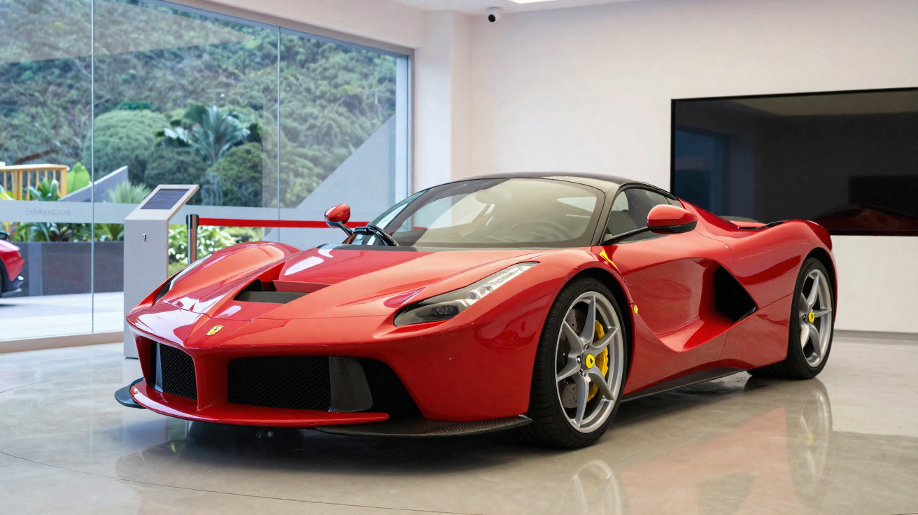 Roter Ferrari-Sportwagen, ausgestellt in modernem Raum mit Glasfenstern und Bergsicht im Hintergrund.
