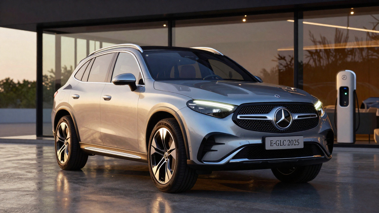 Silberner Mercedes-Benz E-GLC 2025 SUV vor Haus mit Ladestation bei Dämmerung.