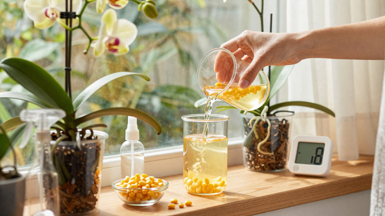 Hand gießt Gelkapseln aus einem Becherglas, umgeben von Orchideen und Digitalthermometer am Fensterbrett.