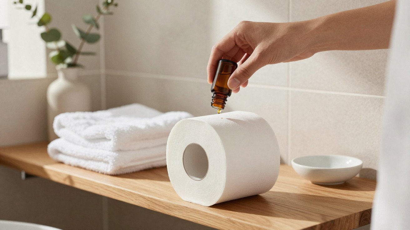 Hand tropft ätherisches Öl auf Toilettenpapierrolle auf Holzablage im Badezimmer mit weißen Handtüchern.