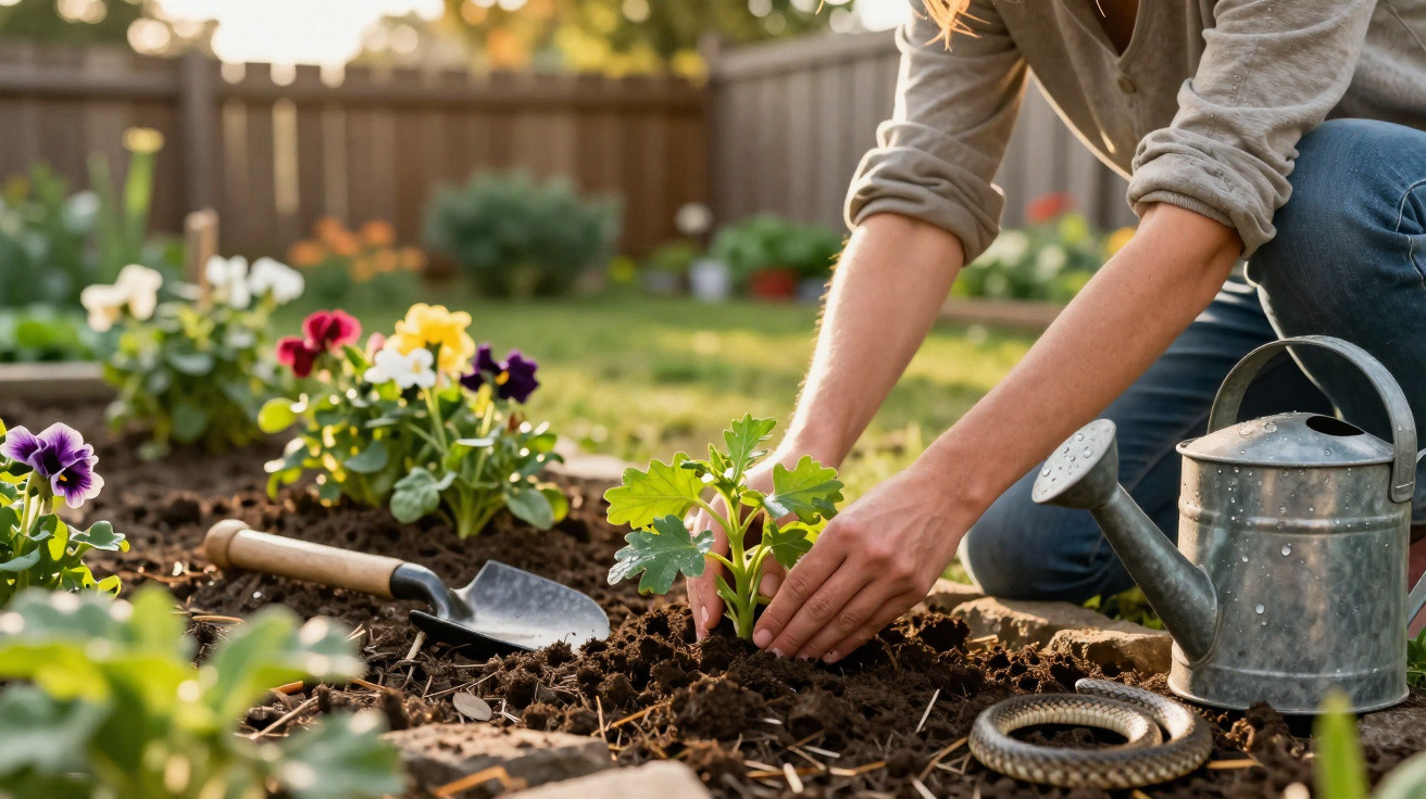 Person pflanzt eine junge Pflanze in einem Gartenbeet, umgeben von bunten Blumen und Gartengeräten.