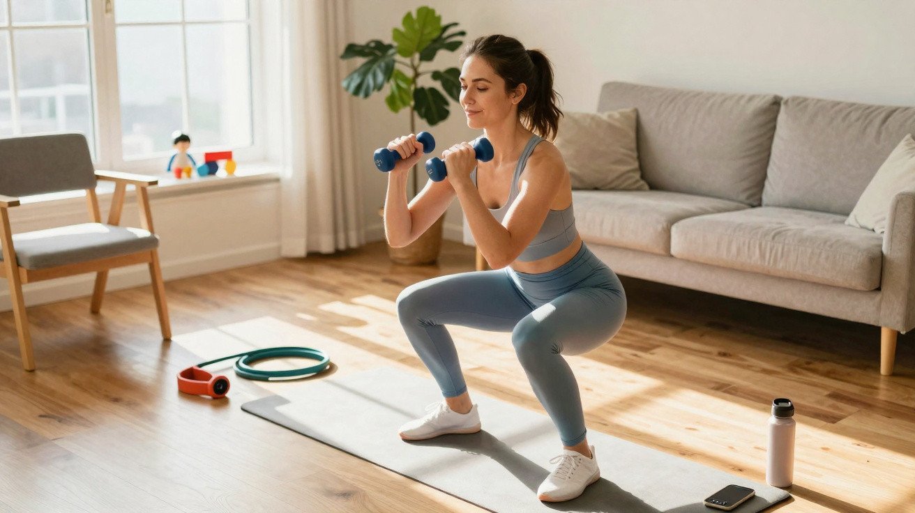 Frau macht mit Hanteln Kniebeugen auf Yogamatte im hellen Wohnzimmer mit Sofa und Pflanzen.