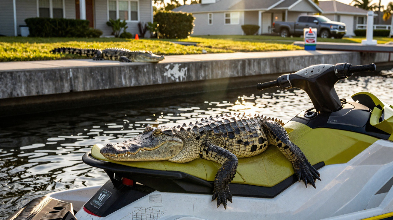 Alligator ruht auf Jetski im Wasser, weiterer Alligator liegt am Ufer eines Wohngebiets.