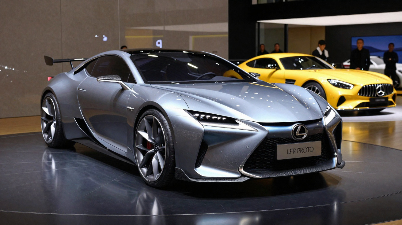 Silberner Lexus LFR PROTO Sportwagen auf Autoausstellung mit gelbem Sportwagen im Hintergrund.