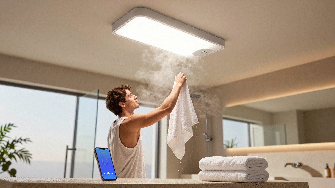 Mann nutzt Dampffunktion einer Deckenleuchte im Badezimmer, Smartphone zeigt App-Steuerung.