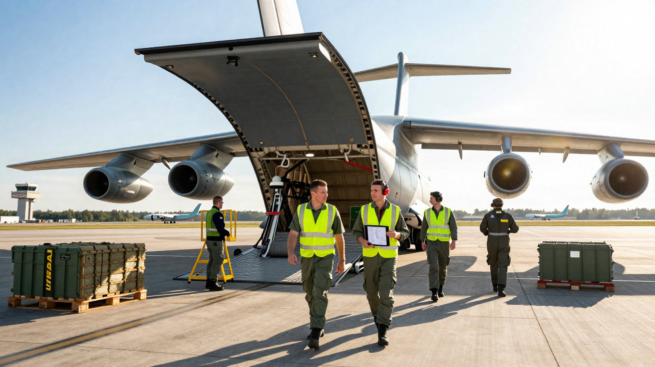 Militärische Mitarbeiter laden Fracht aus einem großen Transportflugzeug auf einer sonnigen Startbahn.