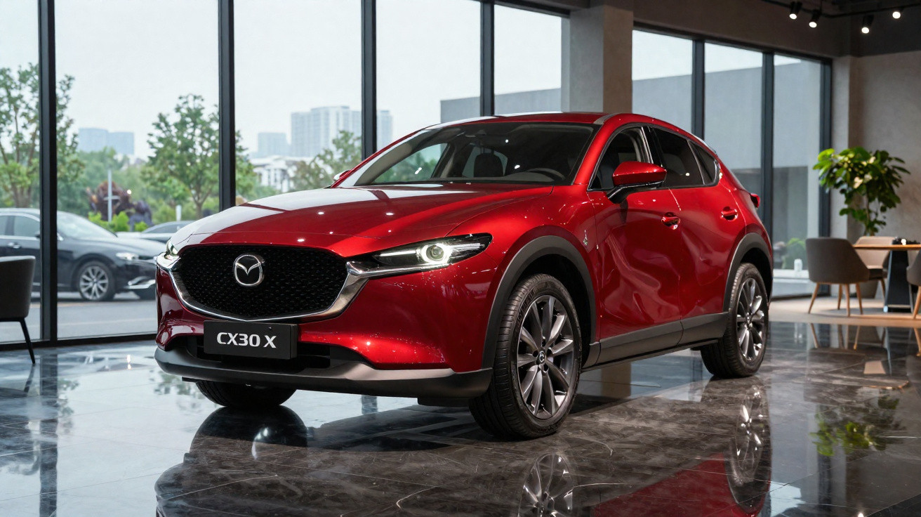 Roter Mazda CX-30 X SUV steht in hellem Showroom vor großen Fenstern mit Stadtblick.