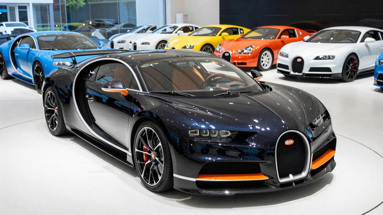 Schwarzer Bugatti Chiron Sport neben weiteren Sportwagen verschiedener Farben in Ausstellungshalle.