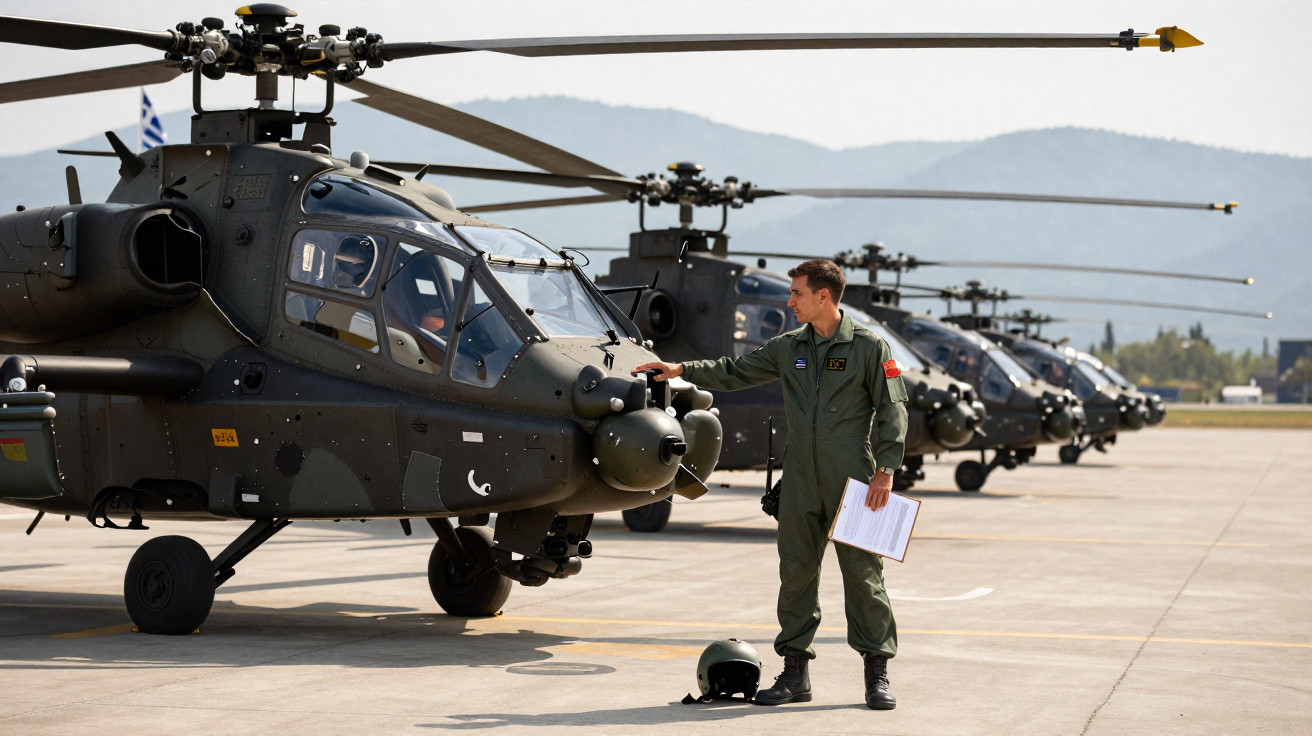 Soldat steht neben Kampfhubschrauber auf offenem Flugfeld mit mehreren Hubschraubern in Reihe im Hintergrund.