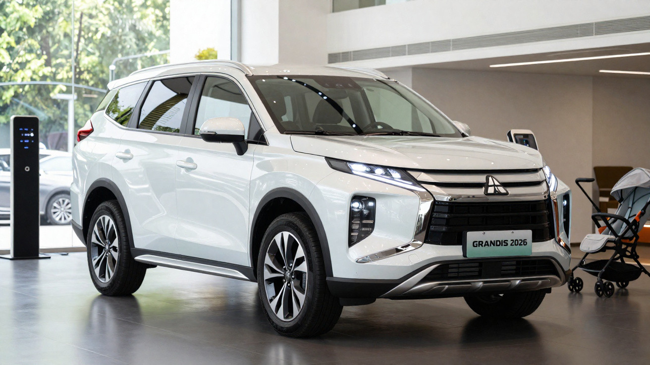 Weißer Mitsubishi Grandis 2026 SUV in einem modernen Autohaus mit großen Fenstern.