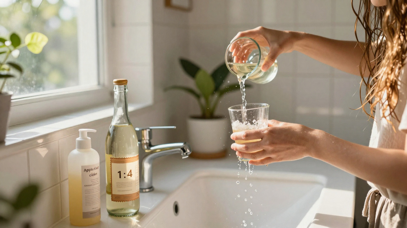 Frau gießt Wasser aus einem Glas in ein anderes über einem weißen Küchenspülbecken bei Tageslicht.