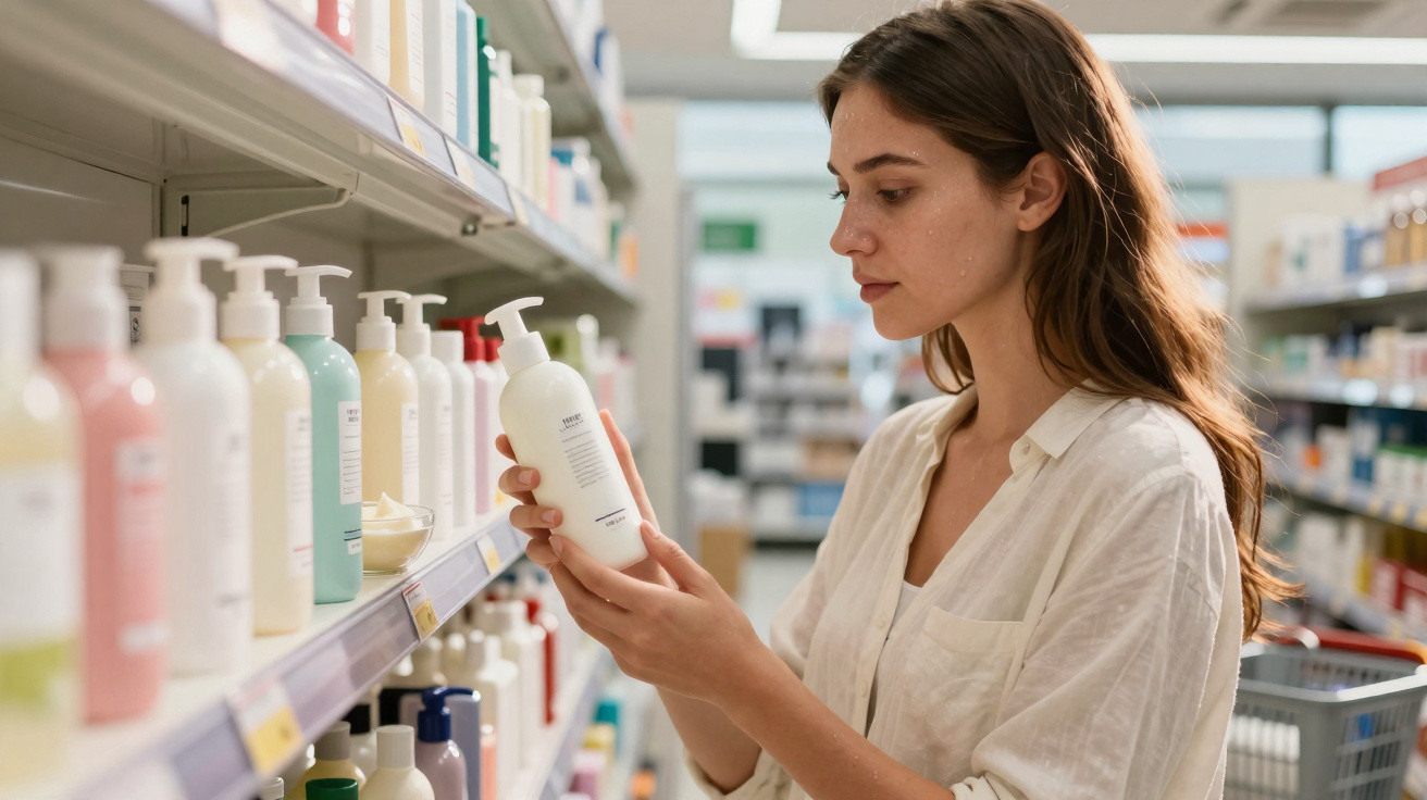 Junge Frau prüft die Inhaltsstoffe einer Lotion in einem Drogeriemarkt vor einem Regal mit Pflegeprodukten.