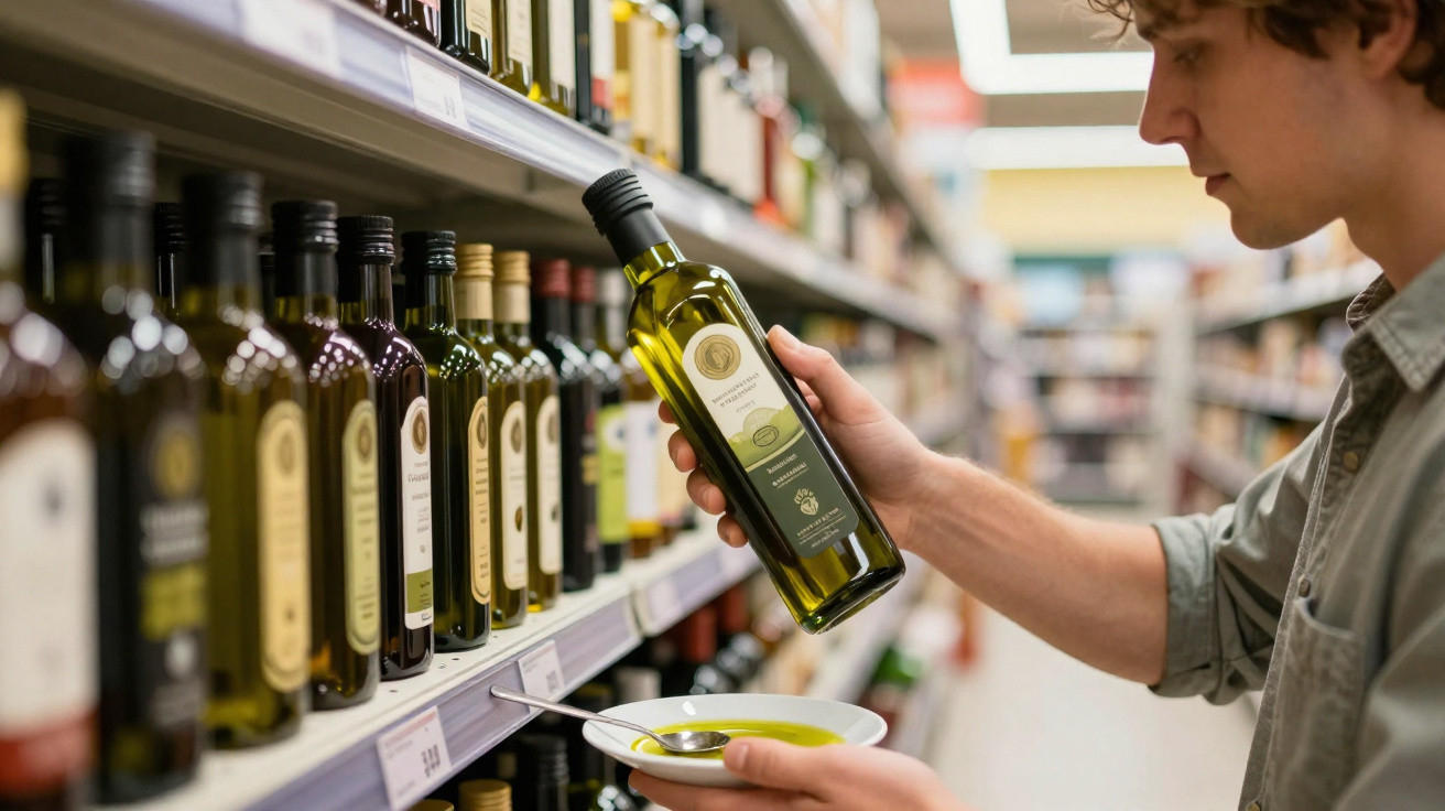 Mann im Supermarkt prüft eine Flasche Olivenöl vor dem Regal mit verschiedenen Ölsorten.