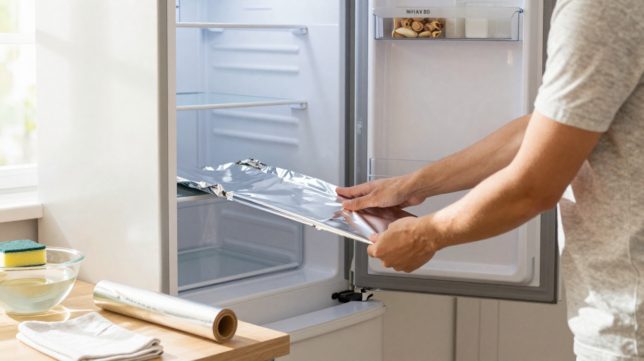 Person legt Aluminiumfolie in einen leeren Kühlschrank im hellen Küchenbereich.