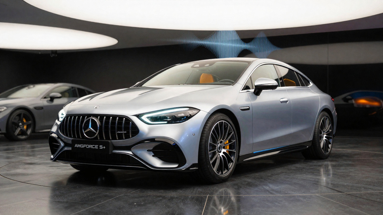 Silberner Mercedes-AMG Sportwagen mit markanter Front im modernen Showroom mit Platzbeleuchtung.