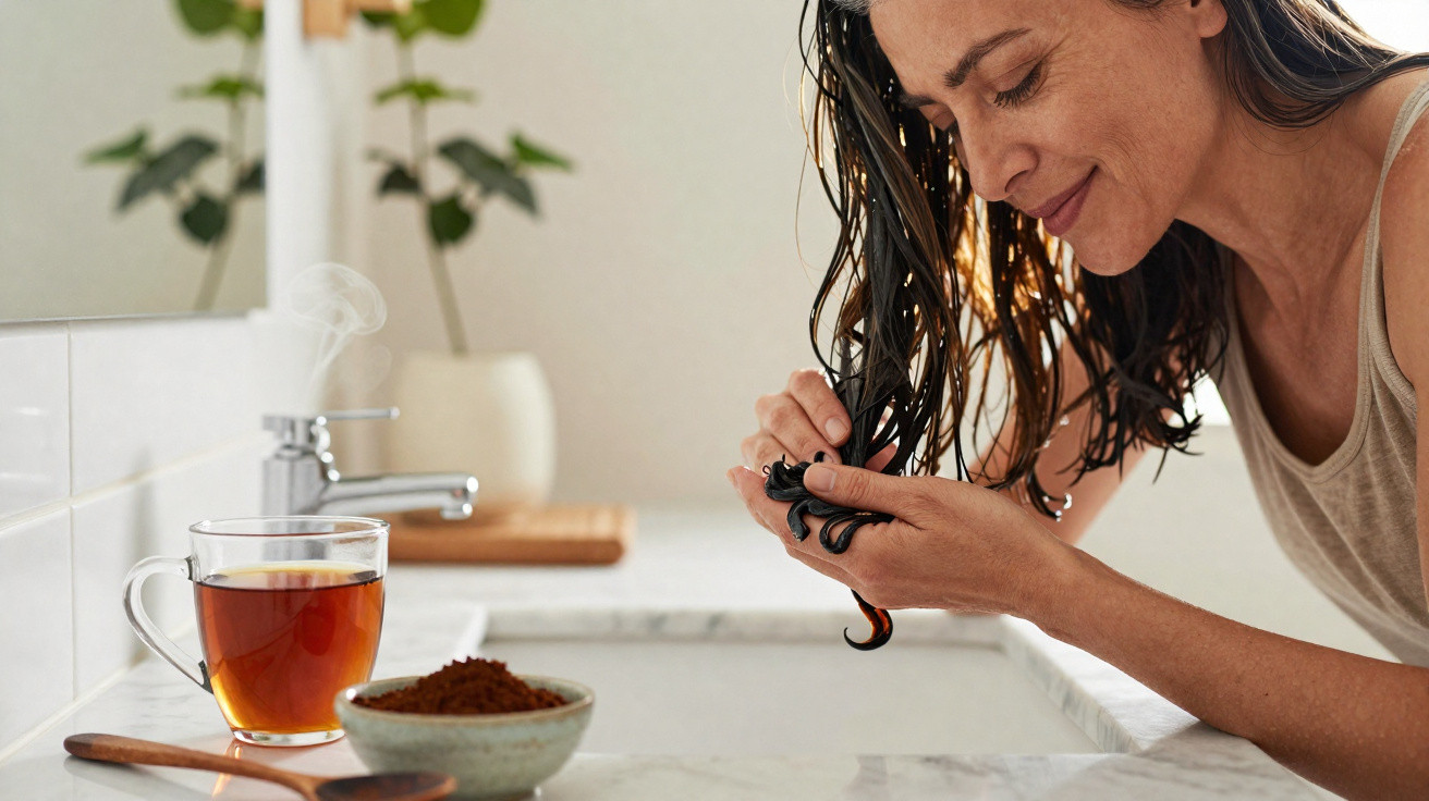 Frau mit nassen Haaren im Badezimmer, hält Haare und schaut konzentriert, Tee und Kaffee auf der Arbeitsplatte.