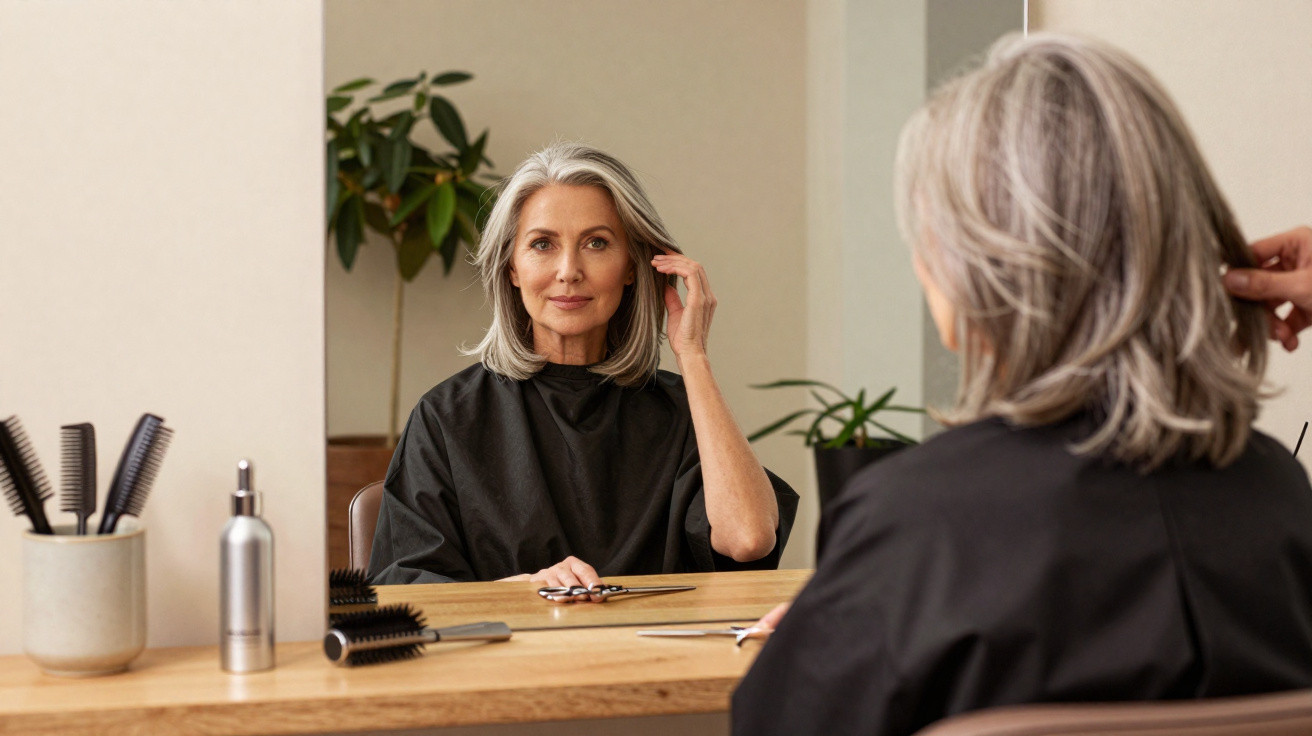 Ältere Frau mit grauem Haar sitzt im Friseursalon vor Spiegel, bereitet sich auf Haarschnitt vor.