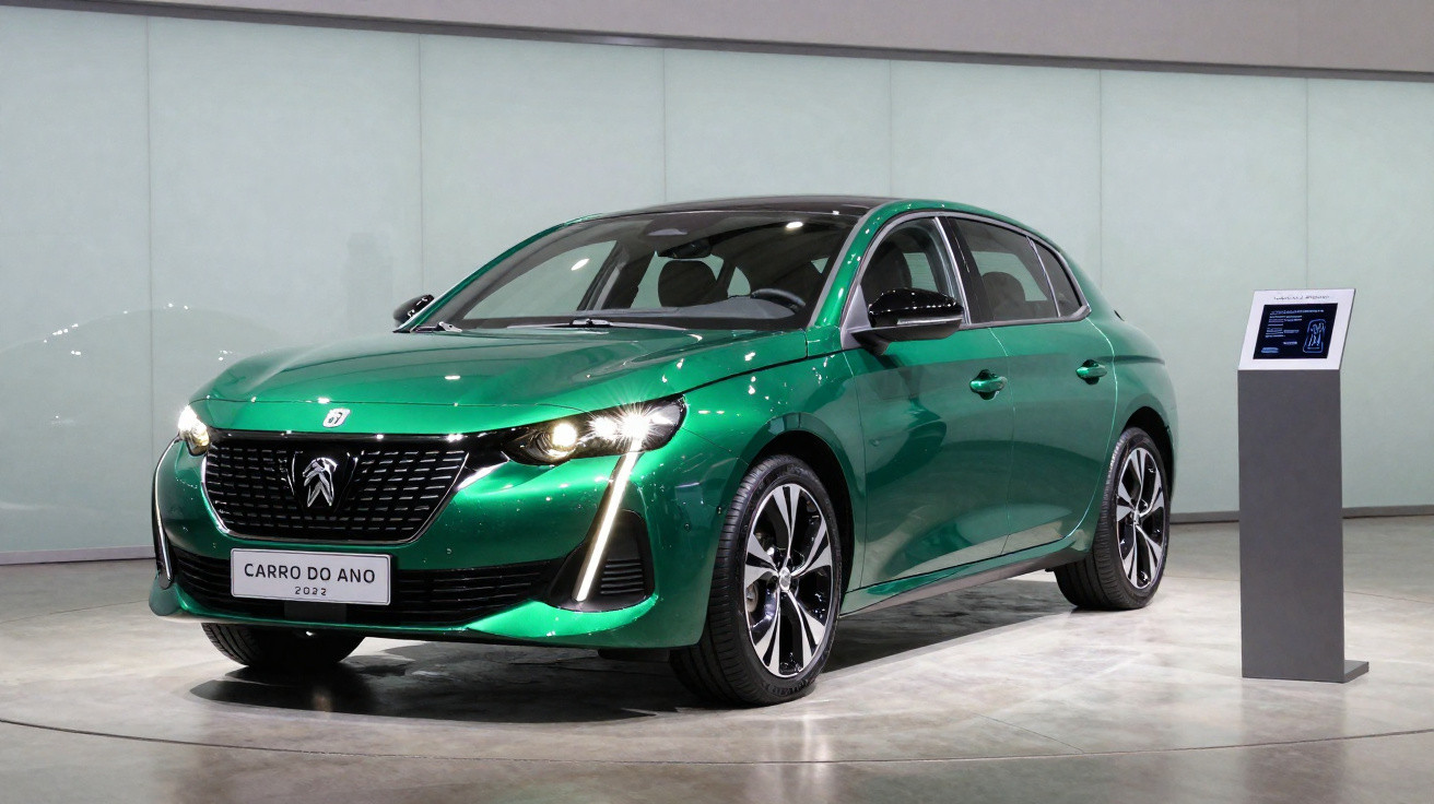 Grünes Elektroauto Peugeot 308, Auszeichnung „Carro do Ano 2022“, in einem Ausstellungsraum stehend.