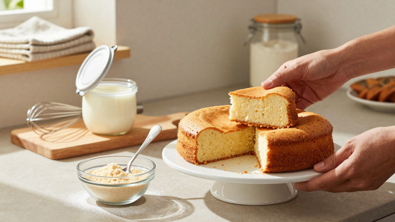 Person hebt ein Stück frisch gebackenen Biskuitkuchen von einer Tortenplatte in einer hellen Küche.