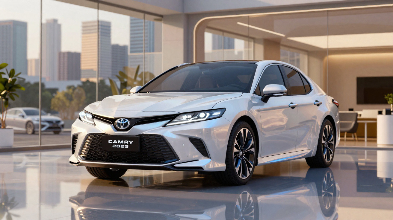 Weißer Toyota Camry 2025 in einem modernen, hellen Showroom mit großen Fenstern und Stadtblick.