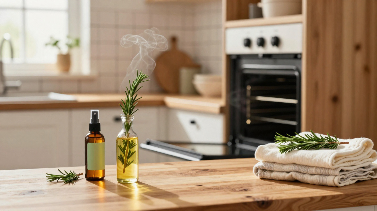 Küchenarbeitsplatte mit Kräuteröl, Aromaspray und gefalteten Handtüchern mit Rosmarinzweigen in heller Küche