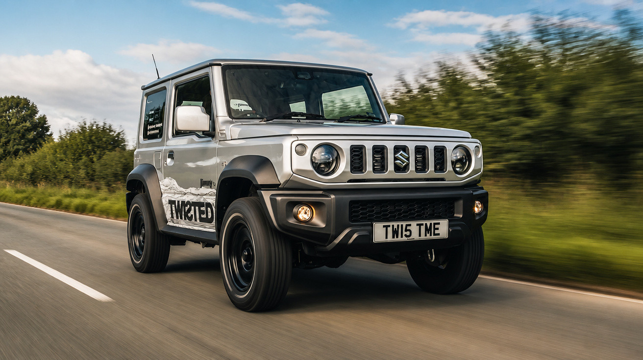 Silberner Suzuki Jimny SUV fährt auf Landstraße bei bewölktem Himmel und grüner Landschaft.