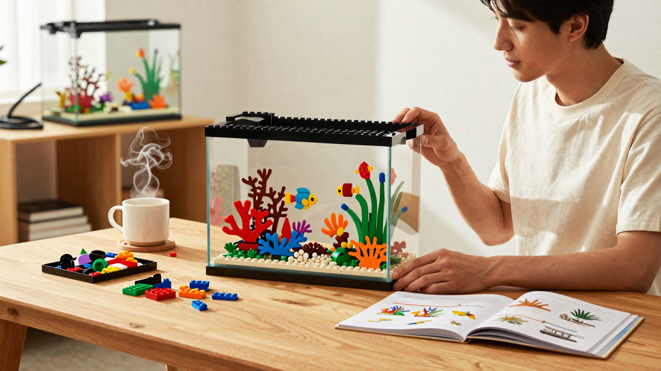 Mann baut ein Aquarium aus bunten Bausteinen auf einem Holztisch mit Katalog und dampfender Tasse daneben.