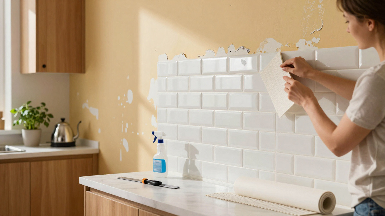 Frau klebt selbstklebende weiße Fliesenfolie an Küchenwand zur Wandrenovierung.