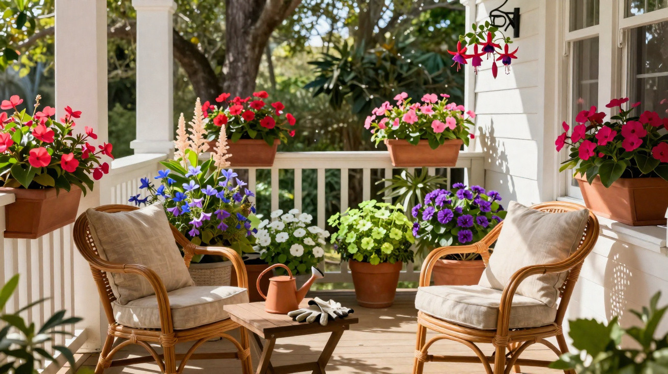 Gemütliche Veranda mit zwei Korbsesseln, Tisch, bunten Blumentöpfen und Gartengerät bei Sonnenschein.