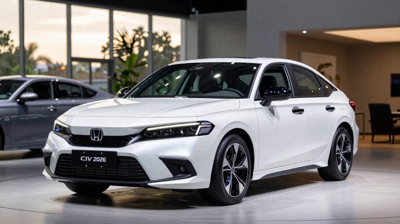 Weißer Honda Civic 2026 in moderner Ausstellungshalle, Front- und Seitenansicht sichtbar.