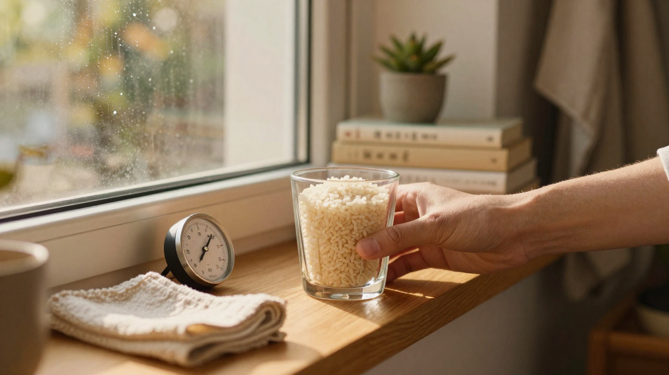 Hand hält Glas mit Reis auf Fensterbank mit Uhr, Handtuch, Pflanzen und Büchern im Hintergrund.