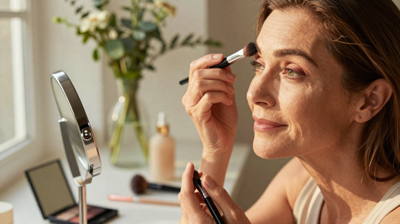 Frau trägt Make-up mit Pinsel vor Spiegel auf, im Hintergrund Blumen und Schminkutensilien auf Tisch.