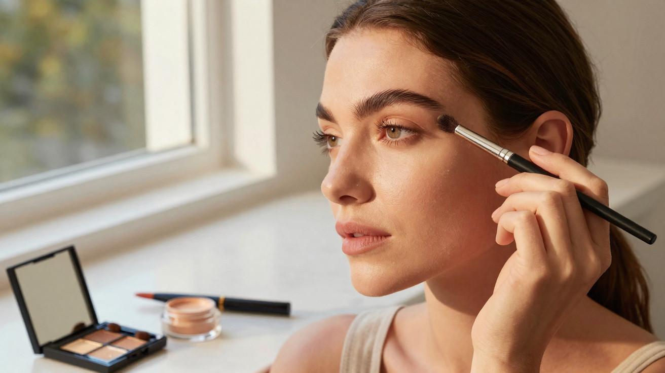 Frau trägt Lidschatten mit Pinsel auf, Make-up-Set liegt auf dem Fensterbrett im Hintergrund.