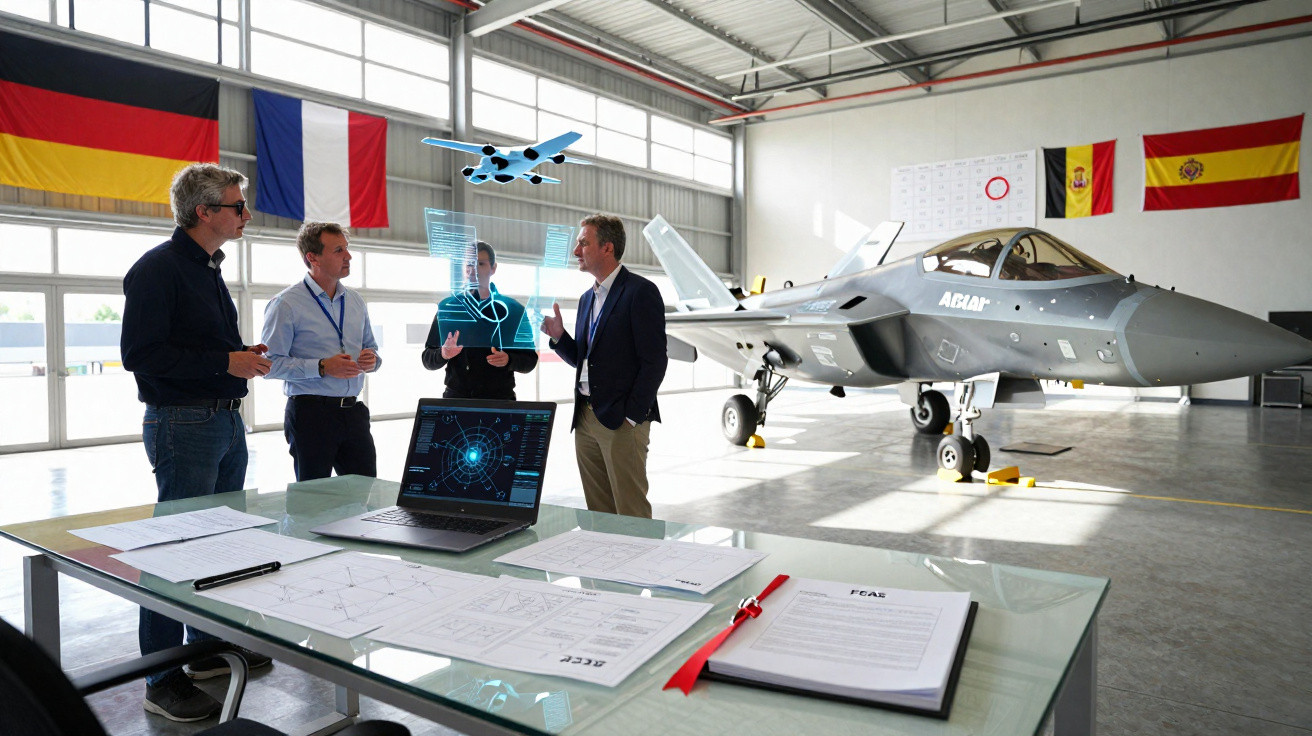 Vier Männer diskutieren vor modernem Militärflugzeug und Laptop mit technischen Zeichnungen in Hangar mit Flaggen.