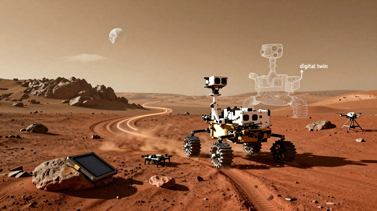 Marslandschaft mit Marsrover, Drohnen und digitalem Zwilling im Hintergrund bei Mondschein.