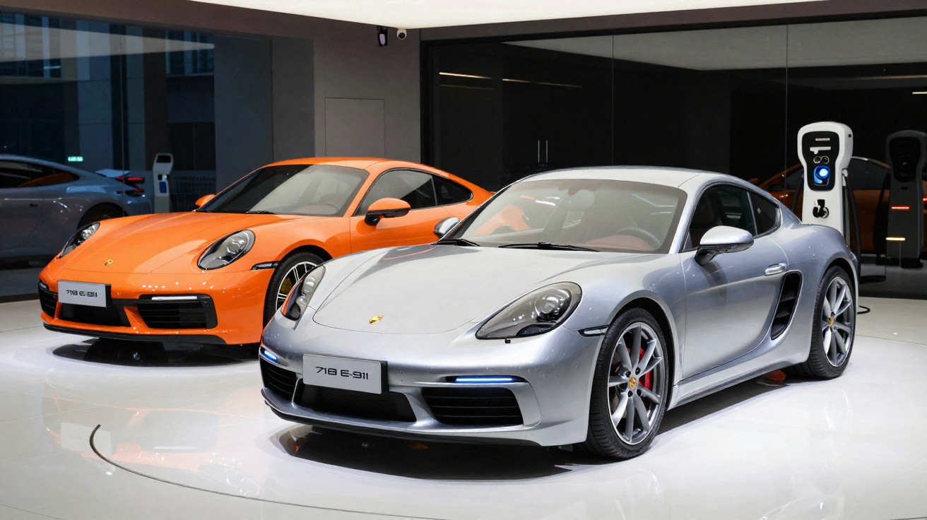 Zwei Porsche Sportwagen, ein silberner 718 GTS 4.0 und ein oranger 911 Carrera, in einem modernen Showroom.