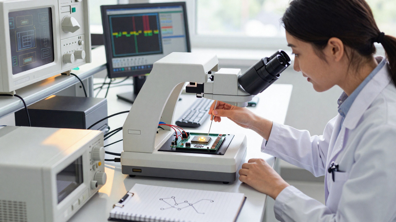 Frau in Labor untersucht Mikrochip mit Mikroskop, Computer und Messgeräte im Hintergrund.