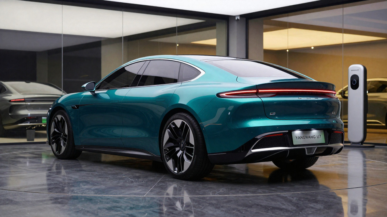 Grüner Yangwang U7 Elektroauto in moderner Garage mit Ladestation und Spiegelung auf dem Boden.