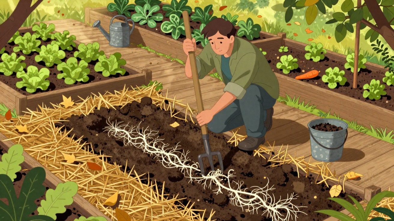 Mann bearbeitet Gartenbeet mit Forke, umgeben von Gemüse und Pflanzen in Hochbeeten.