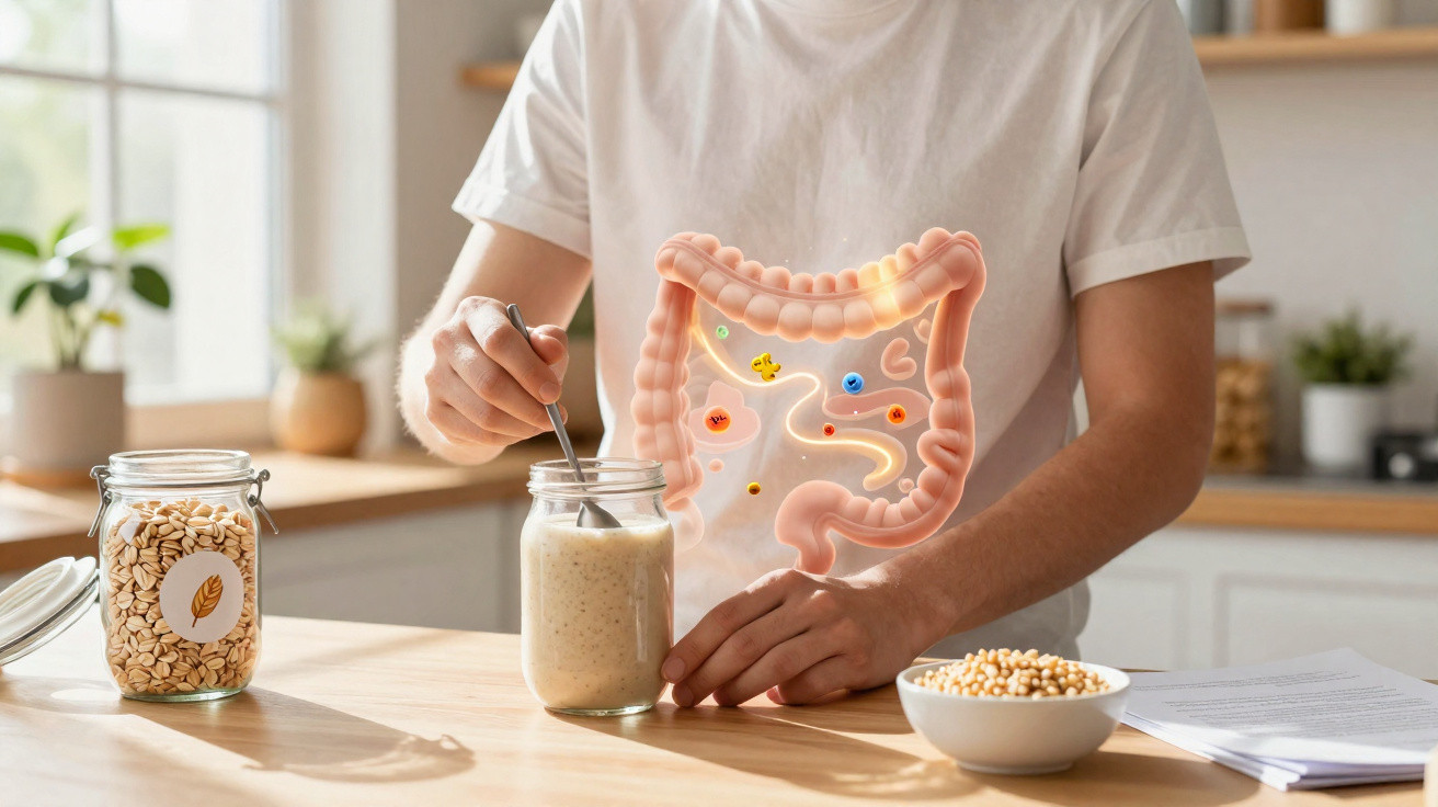 Person rührt Glas mit Haferbrei, eingeblendetes Darm-Illustrationsoverlay zur Verdauungsgesundheit.