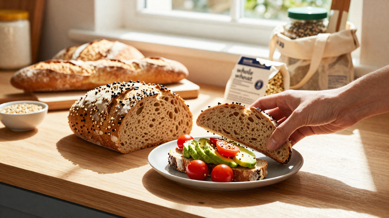 Hand legt Scheibe Körnerbrot auf belegtes Brot mit Avocado und Cherrytomaten auf Teller in Küche.
