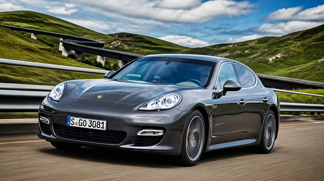 Sportlicher schwarzer Porsche Panamera fährt auf kurviger Landstraße mit grünen Hügeln im Hintergrund.