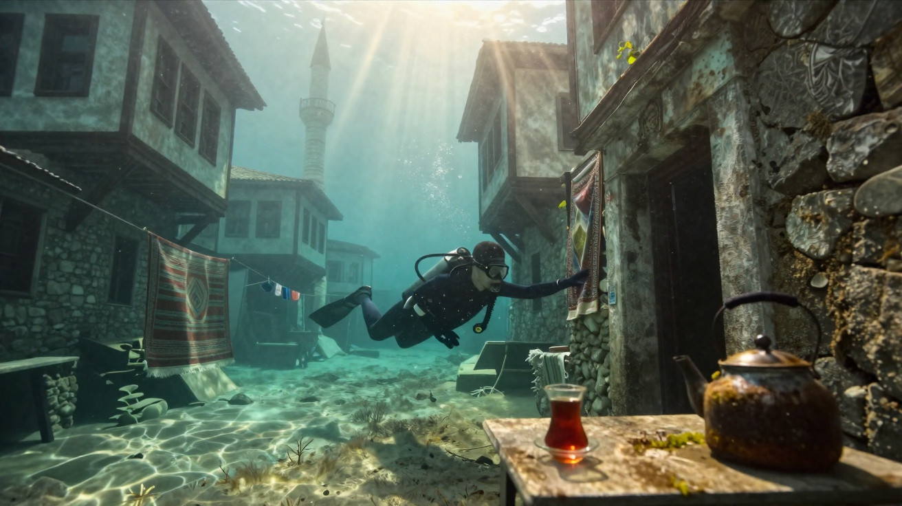 Taucher erkundet versunkene Stadt mit alten Häusern und Teekanne auf Tisch unter Wasser im Sonnenlicht.