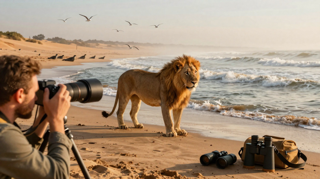Löwe steht am Strand, während ein Fotograf mit Kamera auf Stativ ihn aus nächster Nähe fotografiert.