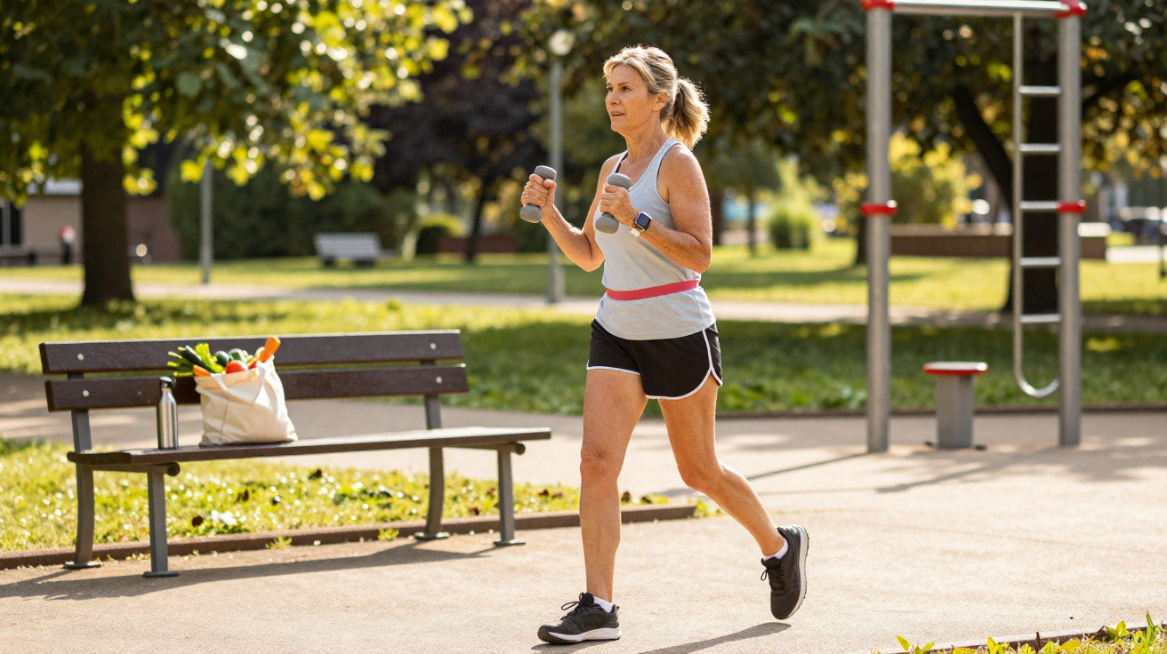 Frau joggt im Park mit Hanteln, sommerliches Wetter, im Hintergrund Parkbank mit Einkaufstasche und Trinkflasche.